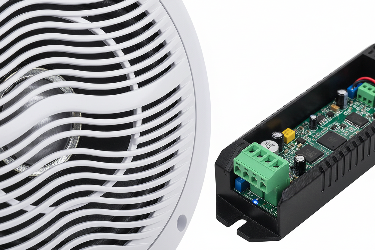 Close-up of 120W marine ceiling speaker components - waterproof grille and premium drivers