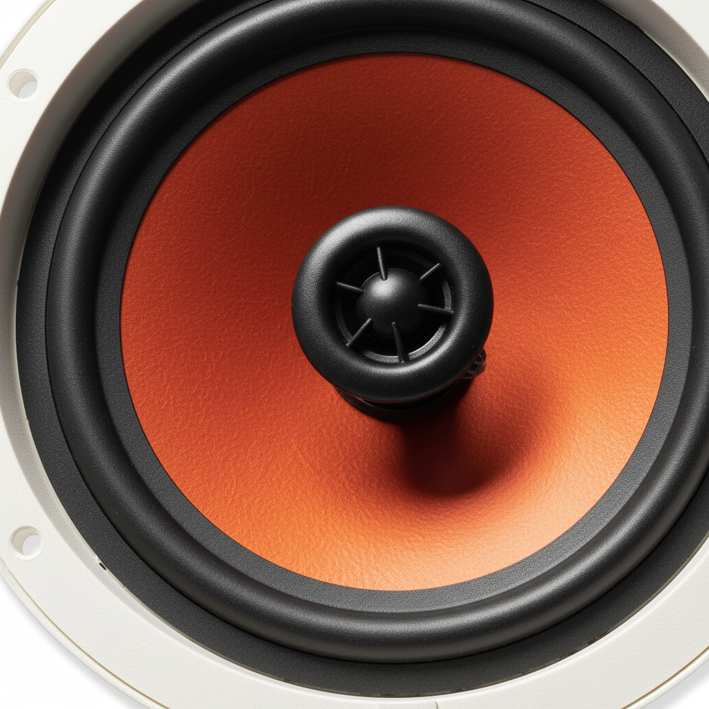 Close-up detail of Herdio ceiling speaker components including woofer, tweeter, and premium build quality