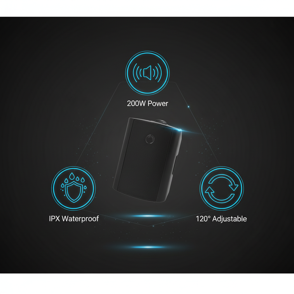 Herdio outdoor speaker features infographic showing 200 watt power weatherproof design and key specifications
