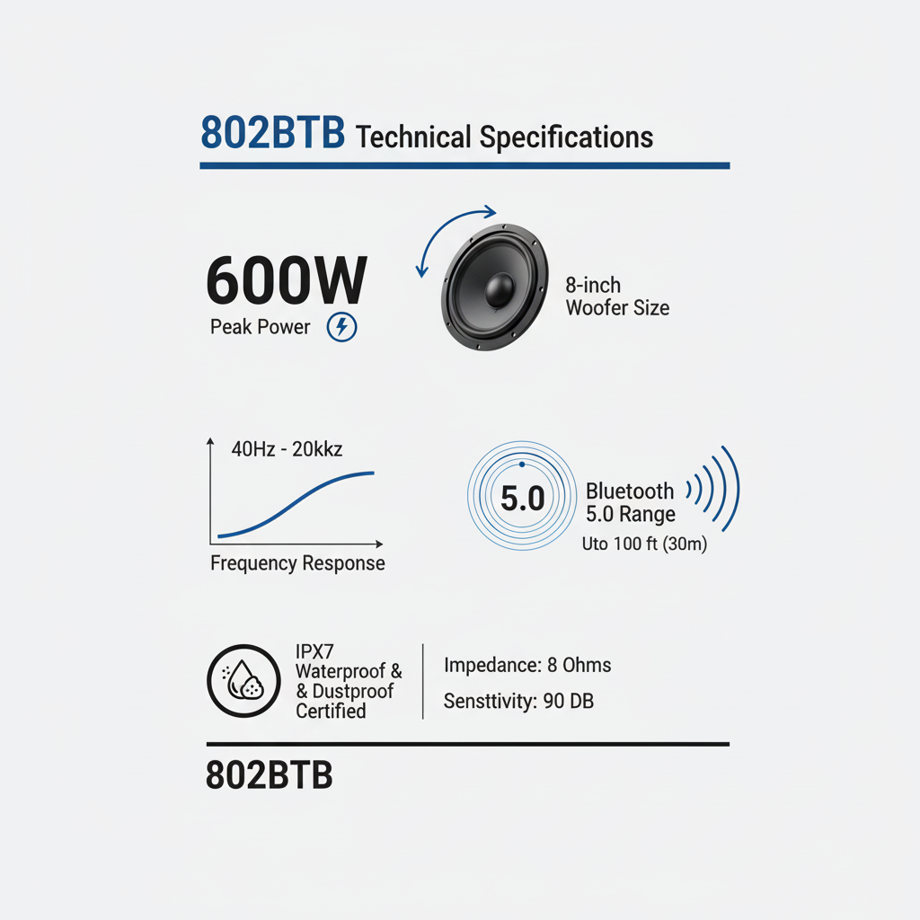 Herdio 8 inch outdoor speaker technical specifications - 600W power output, IP65 waterproof rating, Bluetooth 5.0