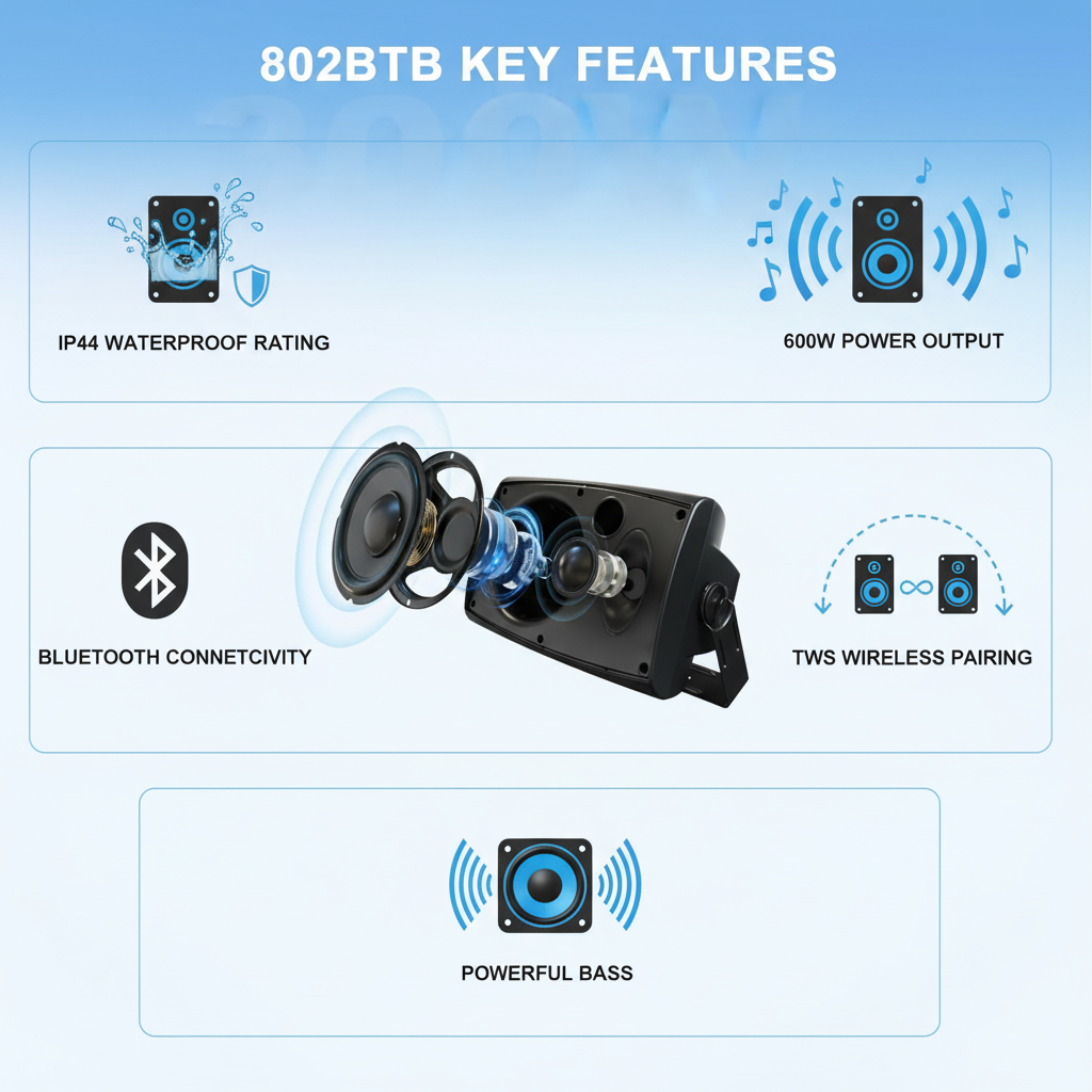 Herdio waterproof outdoor speakers features - 600W power, TWS pairing, Bluetooth connectivity for home theater