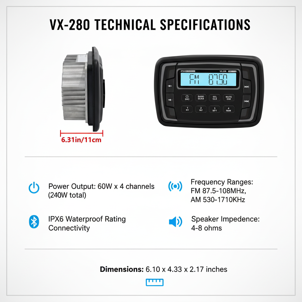 VX280 marine radio technical specifications: 40W x 4 channels, IPX66 waterproof