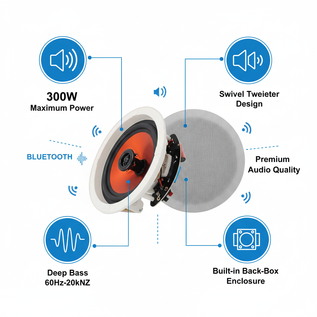300W ceiling speaker features: swivel tweeter, magnetic grille, built-in back-box enclosure for superior sound
