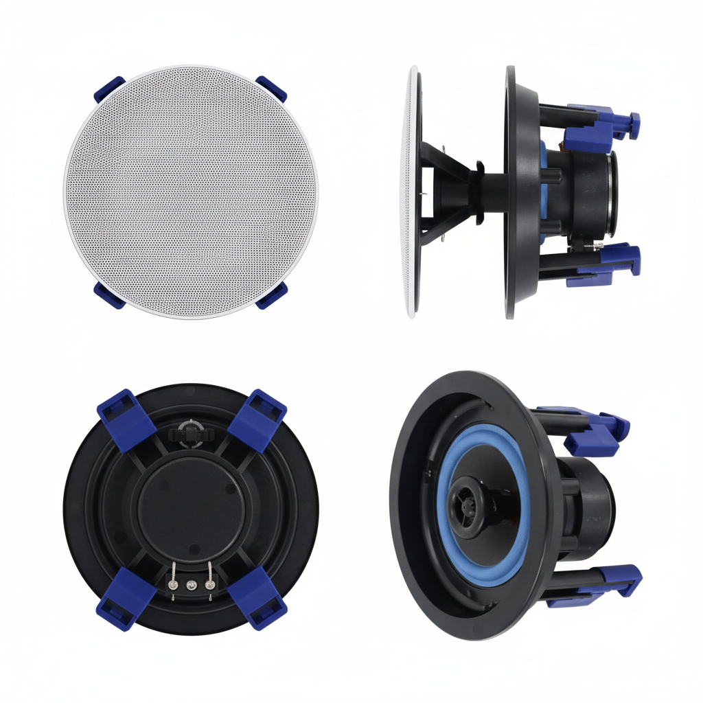 Herdio 4 inch ceiling speaker multiple angles showing grille, driver, and mounting bracket