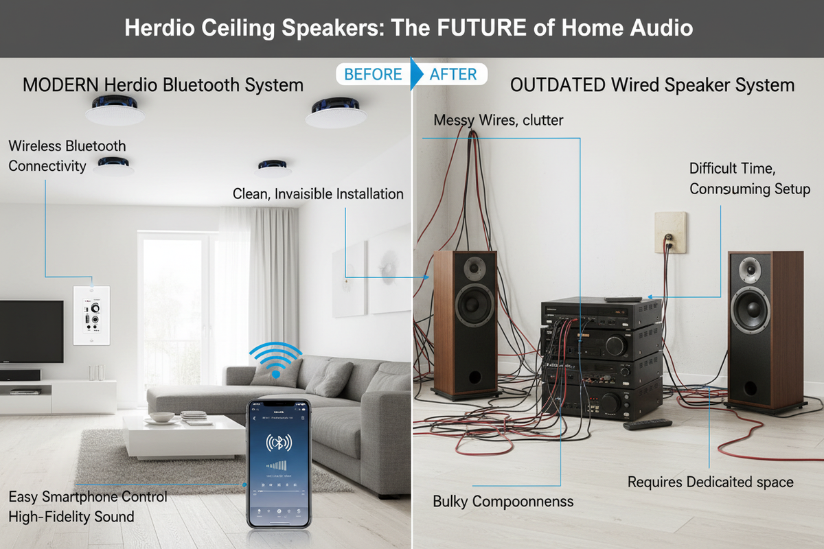 Herdio ceiling speaker comparison chart showing features and performance advantages