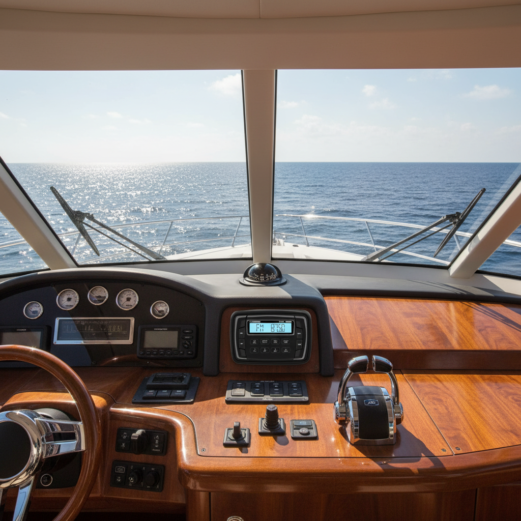 VX280 marine stereo installed on yacht dashboard with Bluetooth connectivity