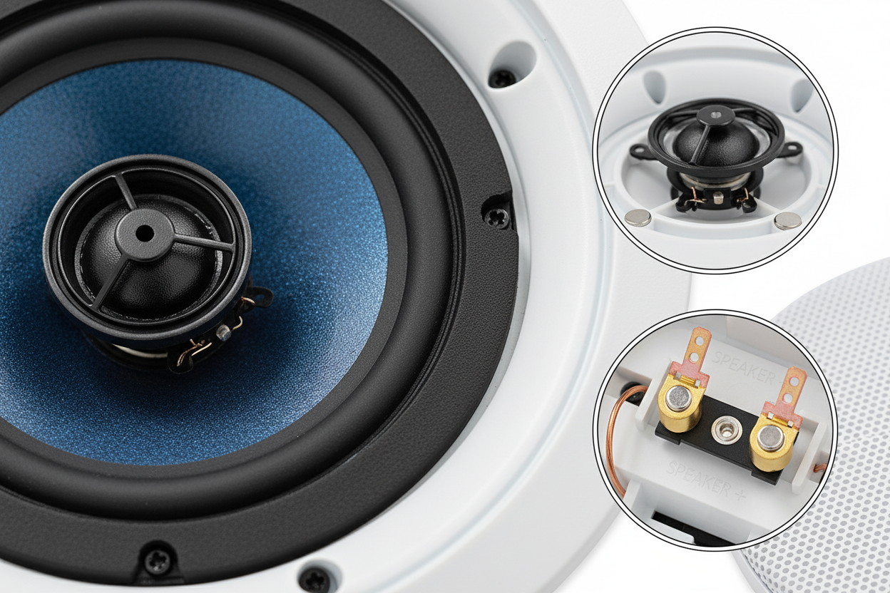 Close-up view of ceiling speaker components including woofer tweeter and mounting clamps
