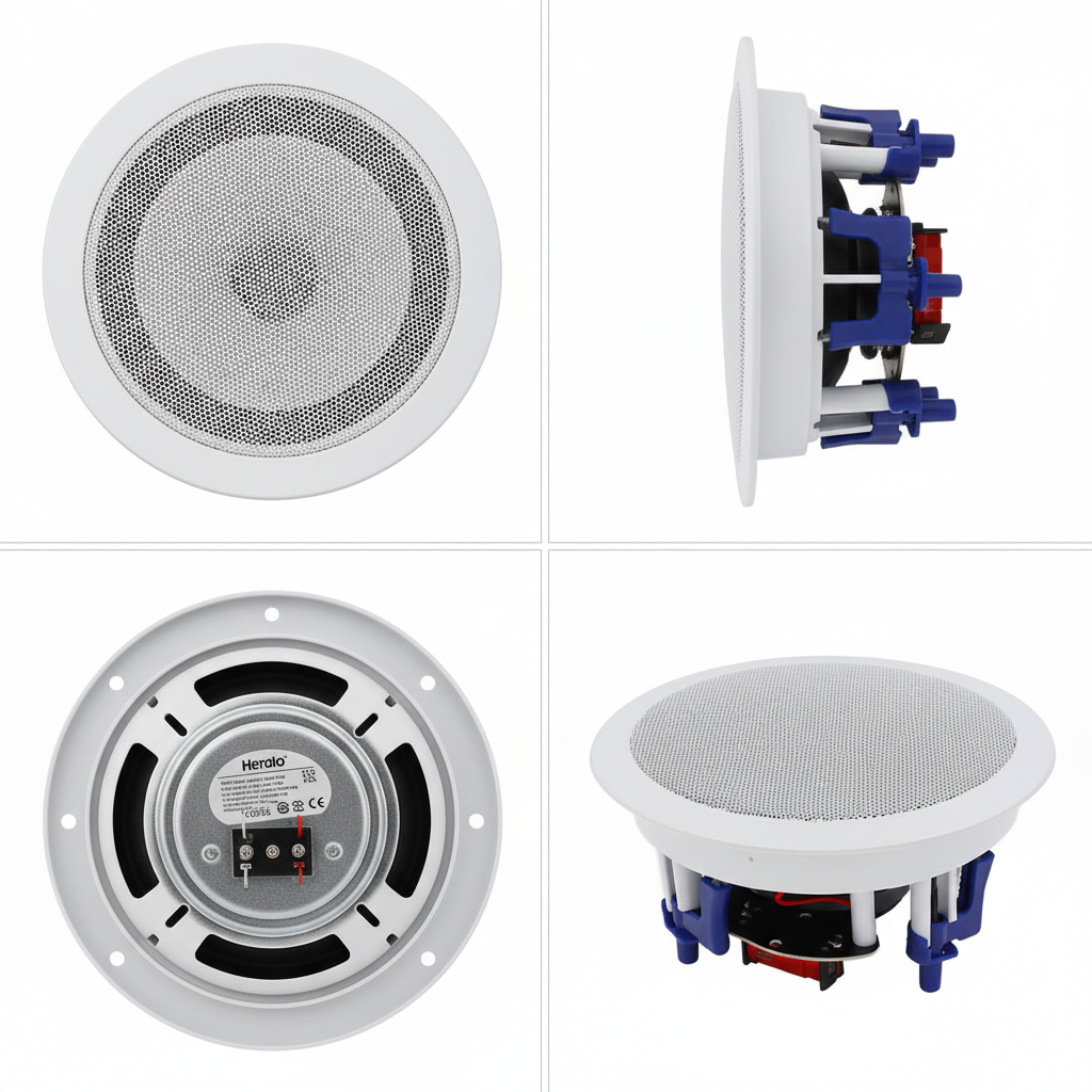 Four-angle view of Herdio 5.25 inch ceiling speaker showing design details