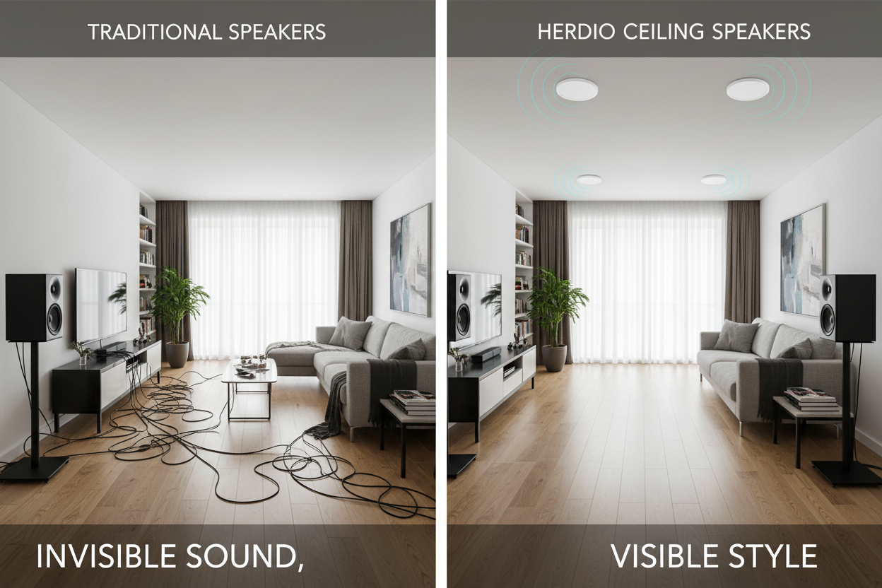 Herdio ceiling speaker comparison chart showing Bluetooth models, power ratings, and size options