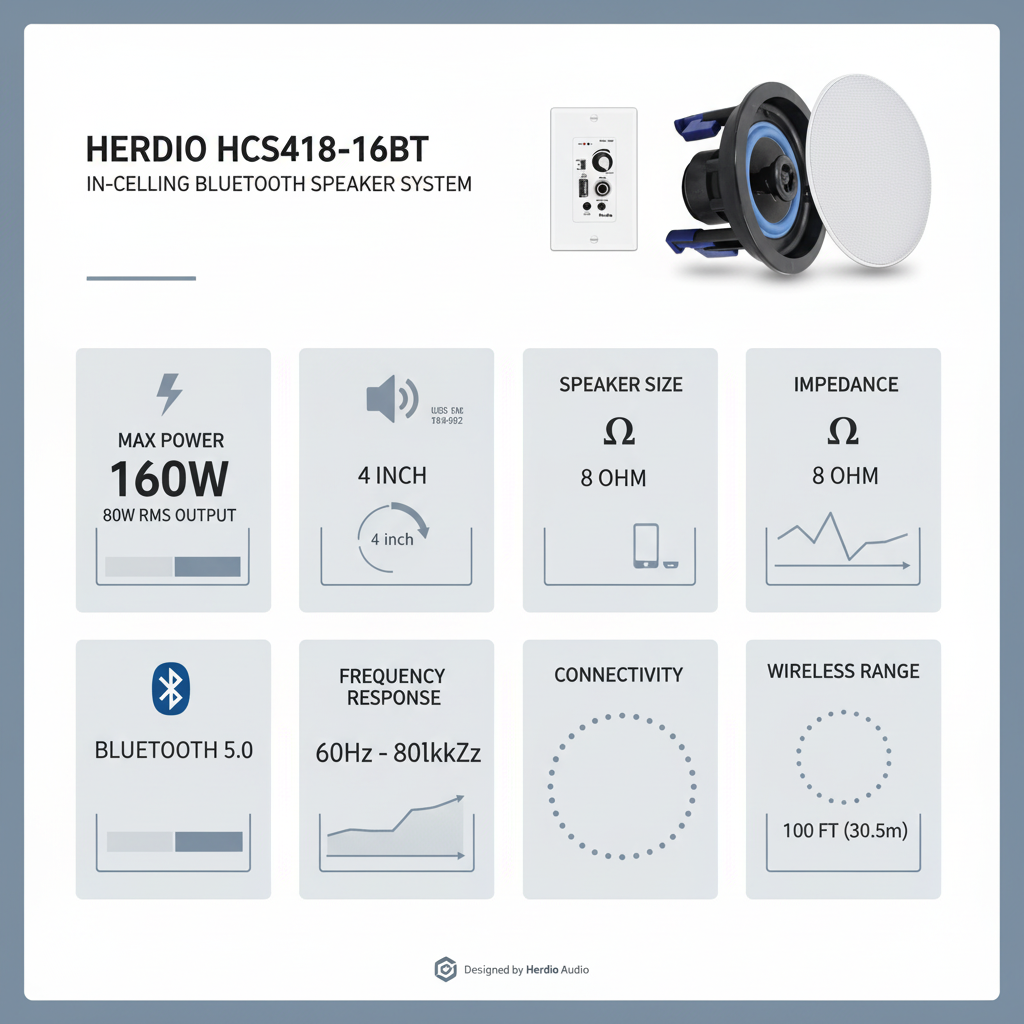 Herdio ceiling speaker technical specifications - power, frequency response, and dimensions