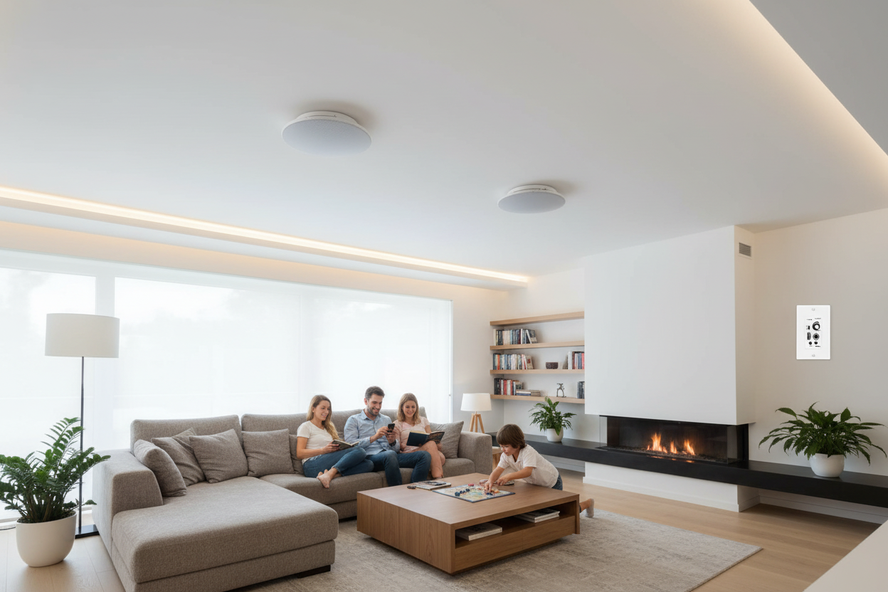 Herdio ceiling speakers installed in modern living room showcasing wireless Bluetooth connectivity and premium sound quality