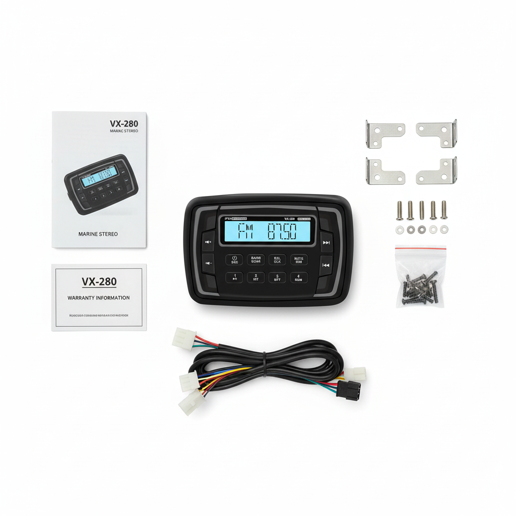 VX280 marine stereo package contents: receiver unit, mounting bracket, cables, manual