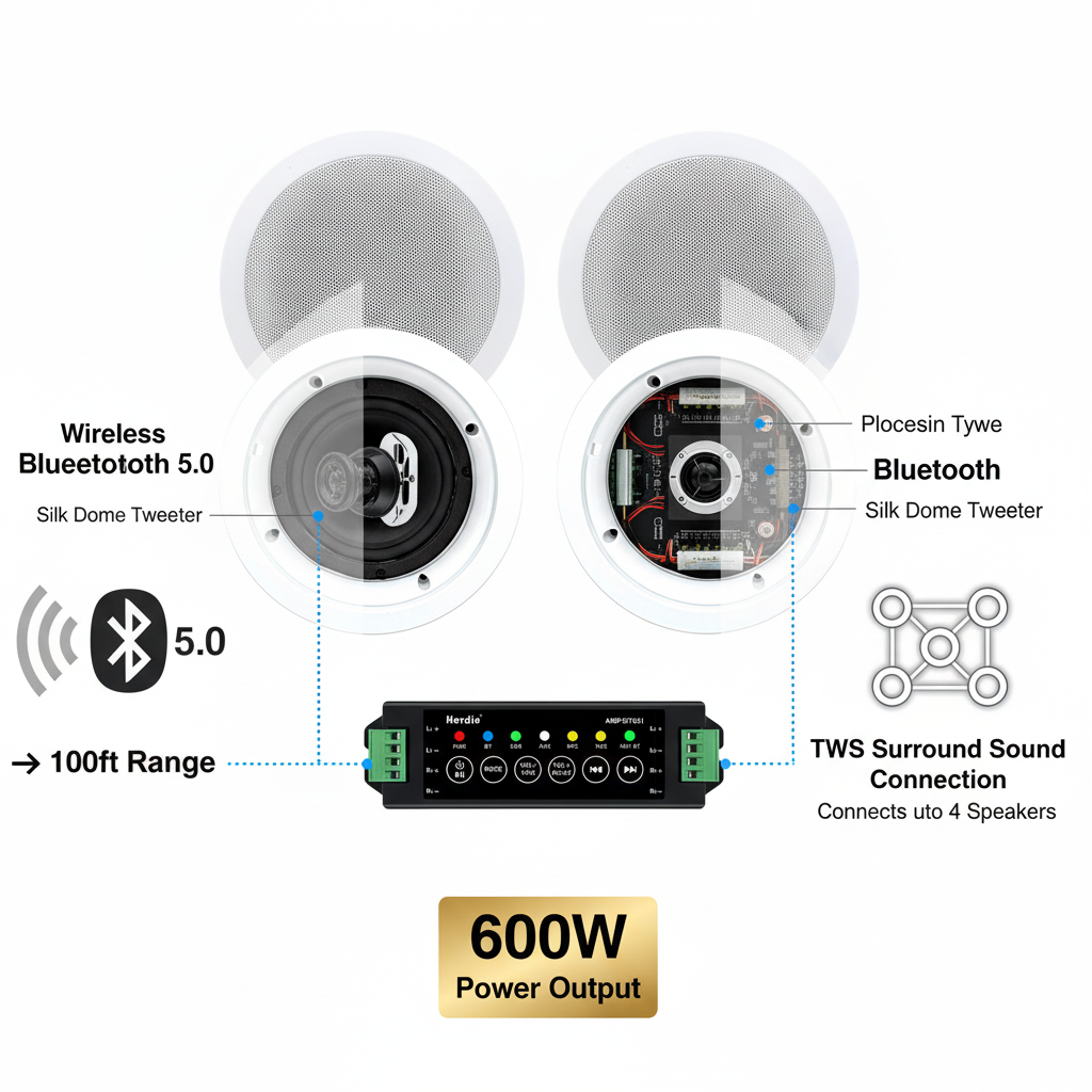 Herdio 5.25 inch ceiling speaker key features and wireless connectivity highlights