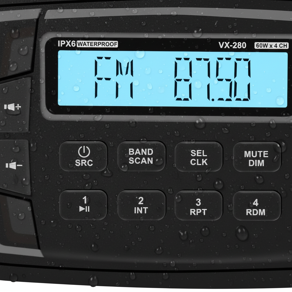 Close-up of VX280 marine radio control panel with tactile buttons and LCD screen