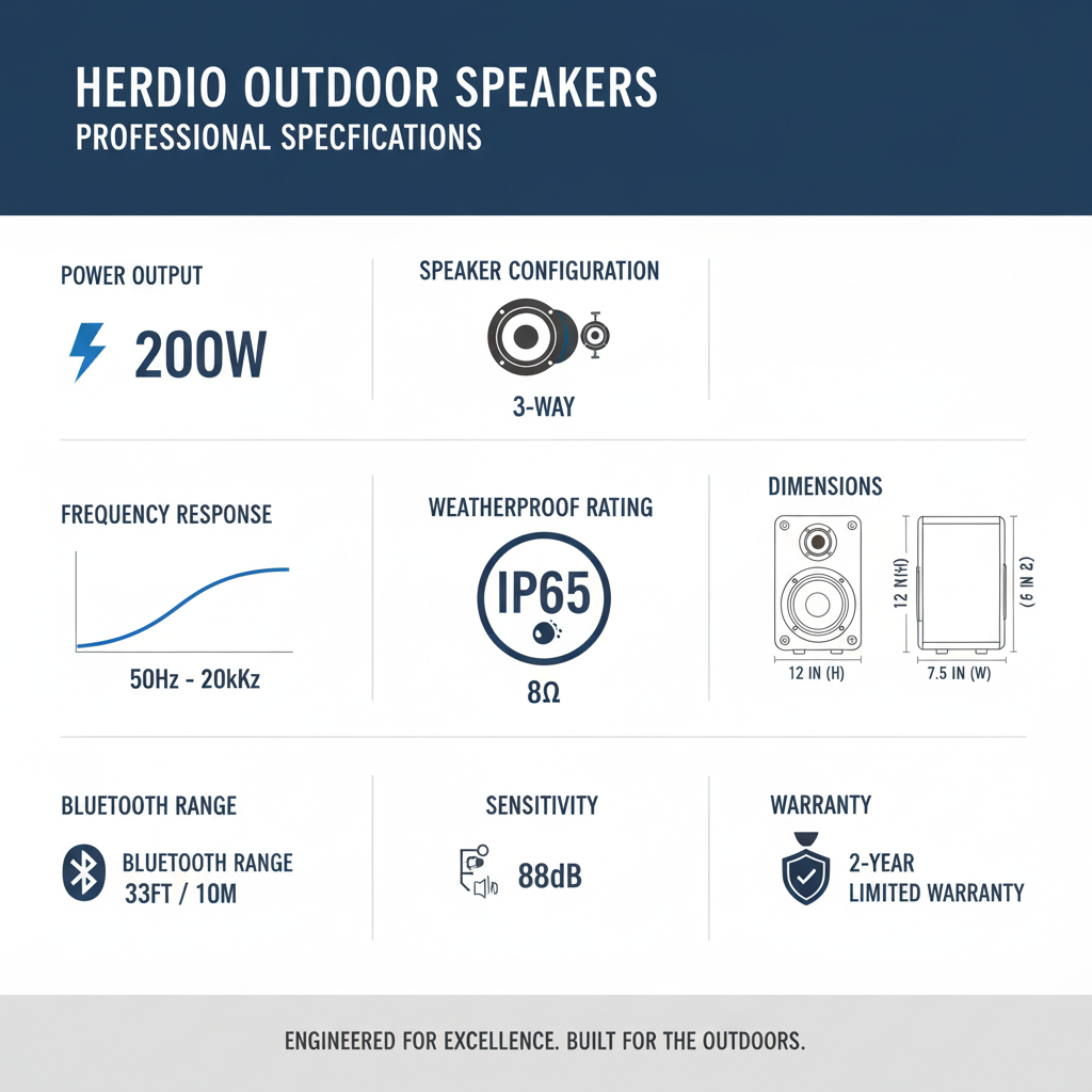 Herdio outdoor speaker technical specifications - 200W power, frequency response, impedance