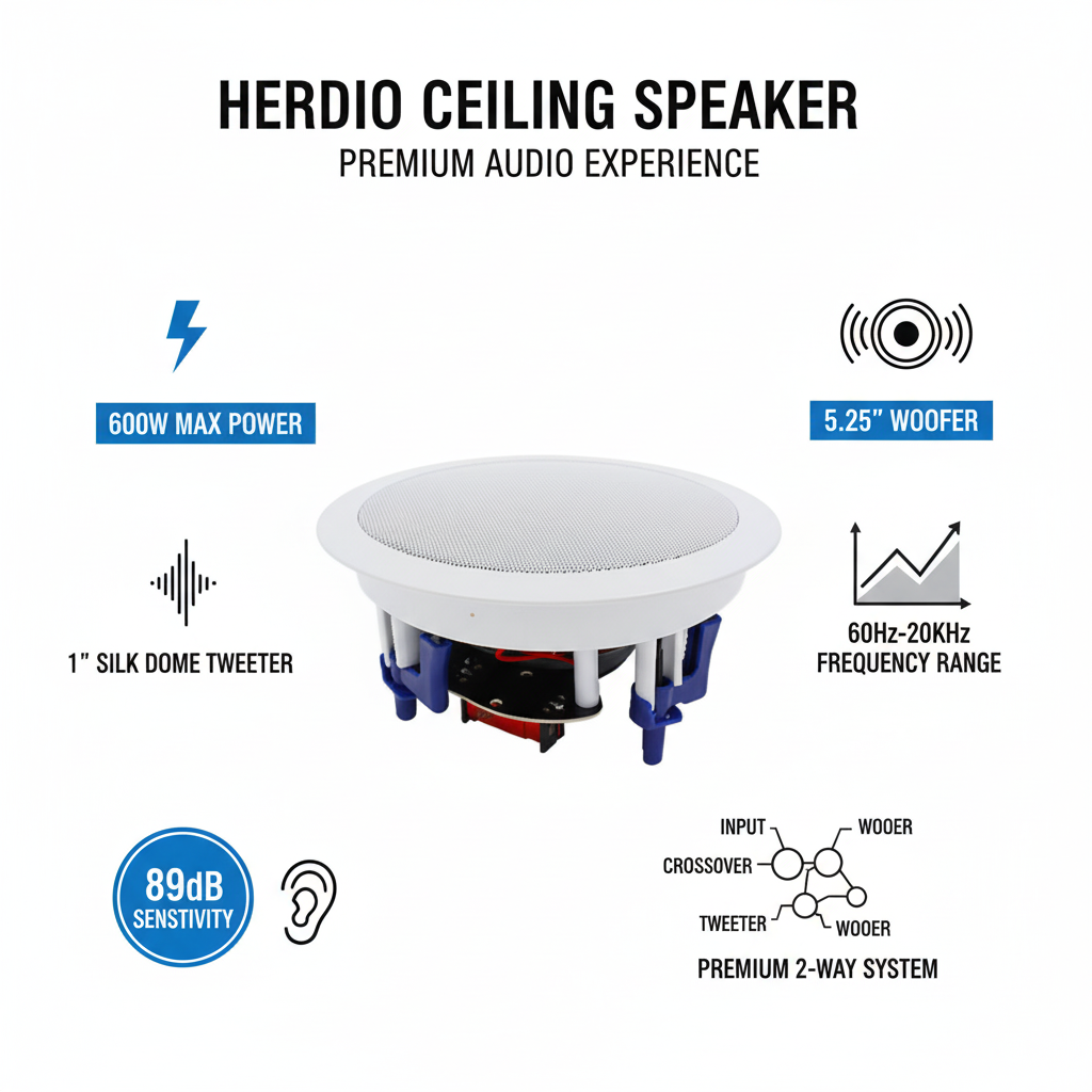 Herdio ceiling speaker key features infographic - 600W power, premium sound quality