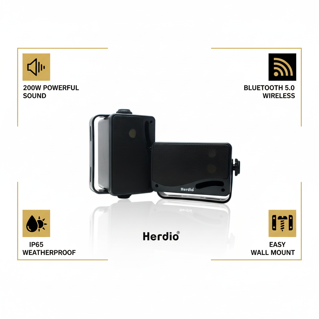 Herdio outdoor speakers key features - 200 watts power, Bluetooth connectivity, waterproof design