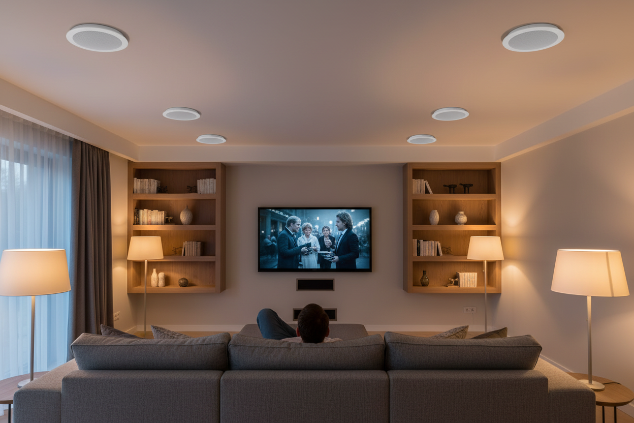 Home theater room with Herdio ceiling speakers creating immersive surround sound