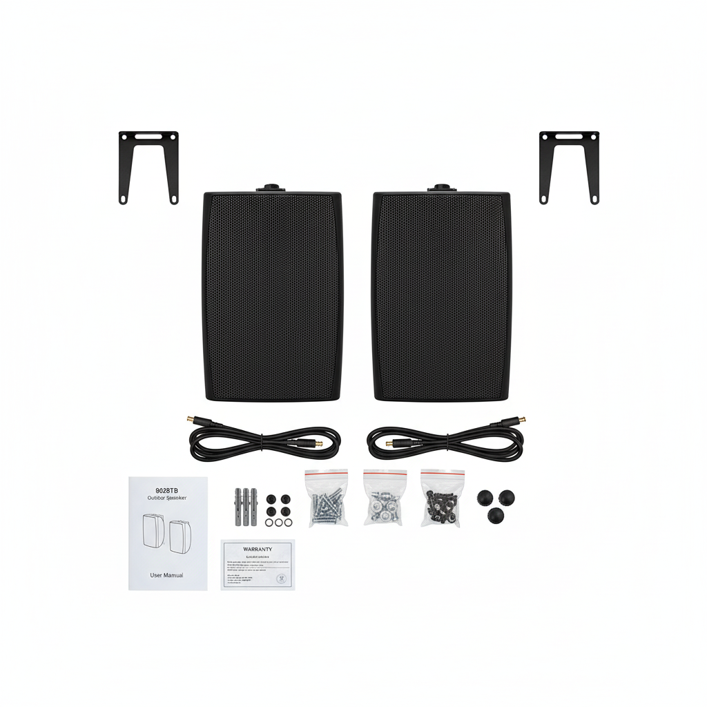 Herdio outdoor speaker package contents - includes mounting hardware, brackets, and installation accessories