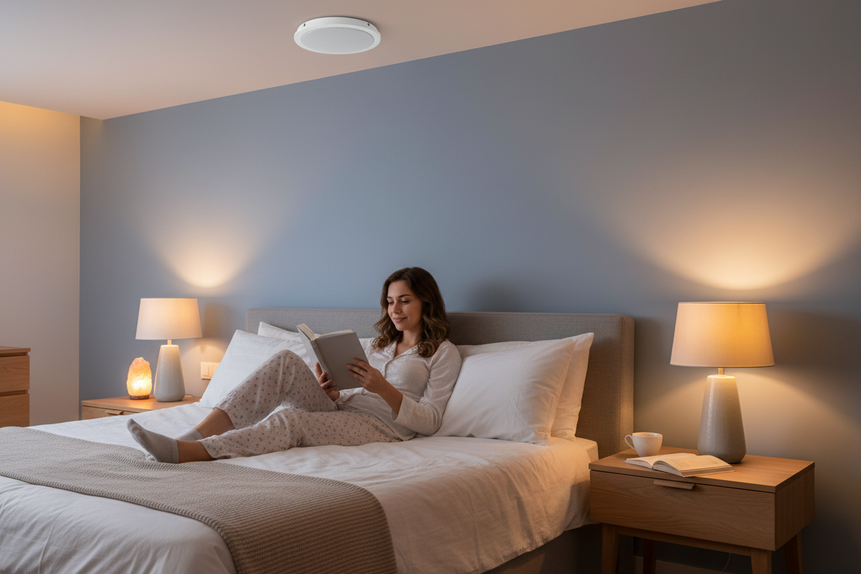 Bedroom audio setup with Herdio ceiling speakers - wireless Bluetooth sound system for master bedroom entertainment