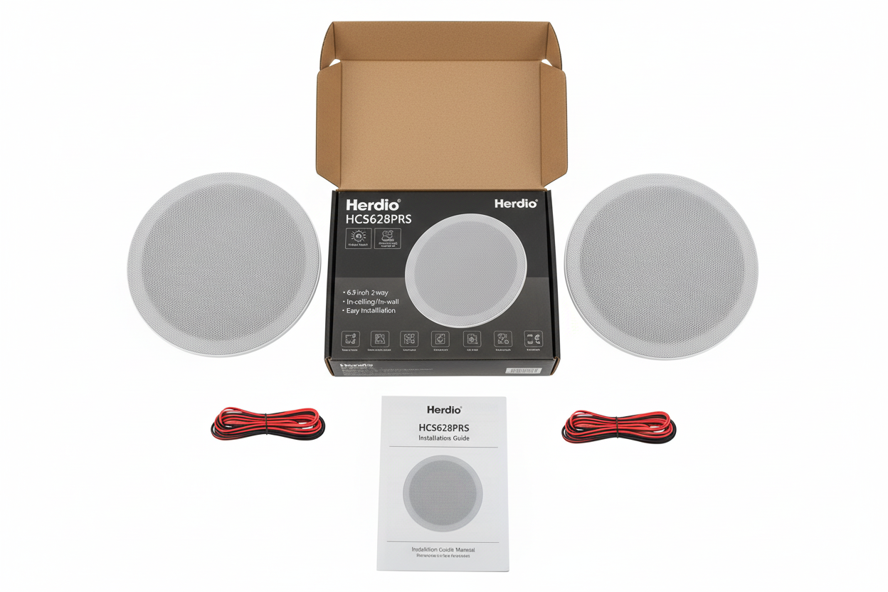 Ceiling speaker package contents: pair of 6.5 inch speakers, connecting wires, installation manual included