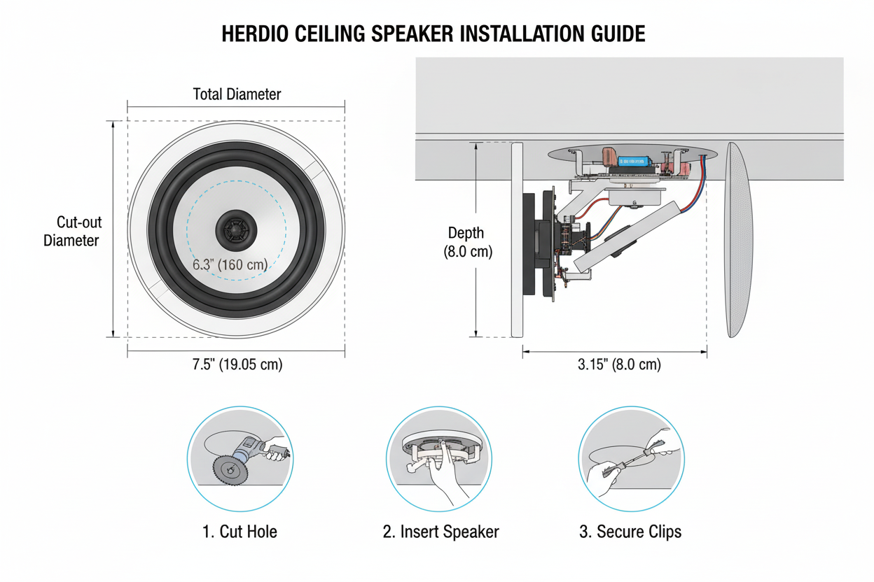 Herdio ceiling speaker installation dimensions and cutout specifications for professional mounting
