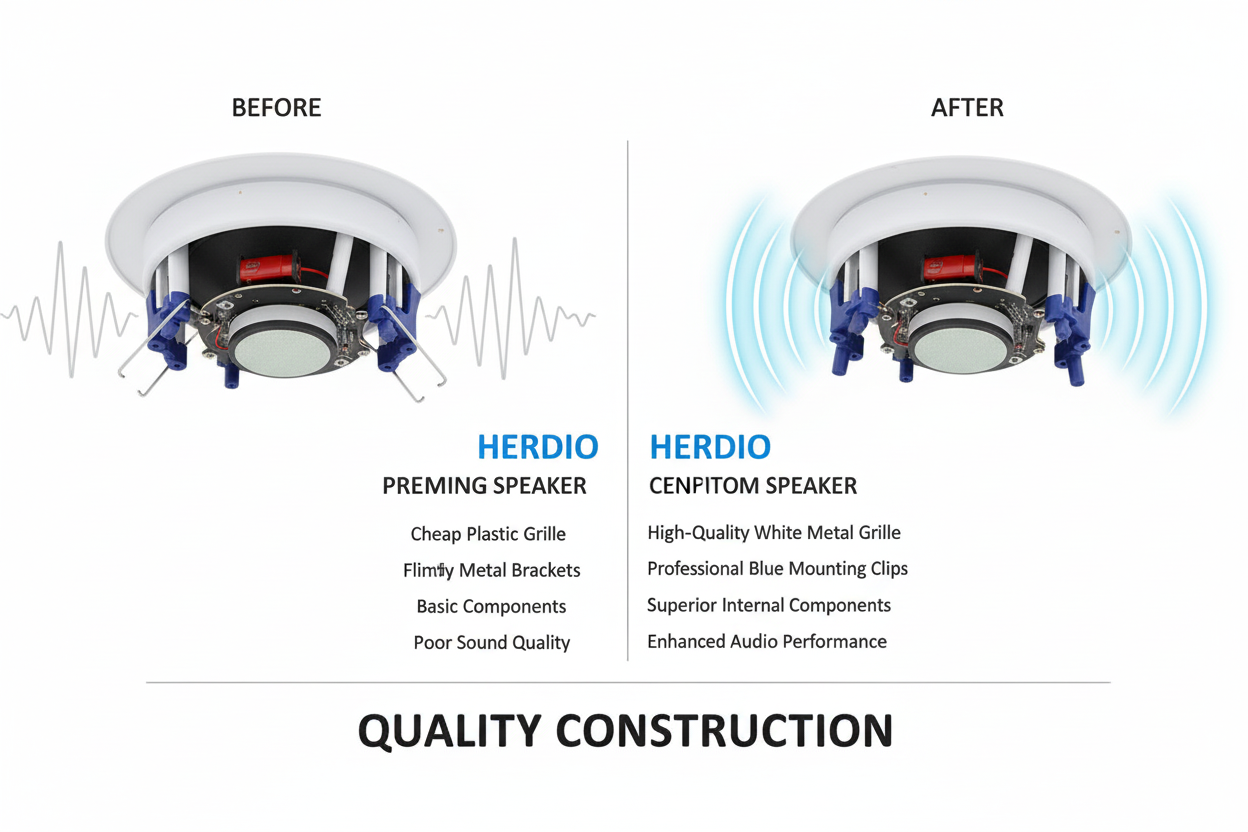 Herdio ceiling speaker quality comparison showing superior audio performance