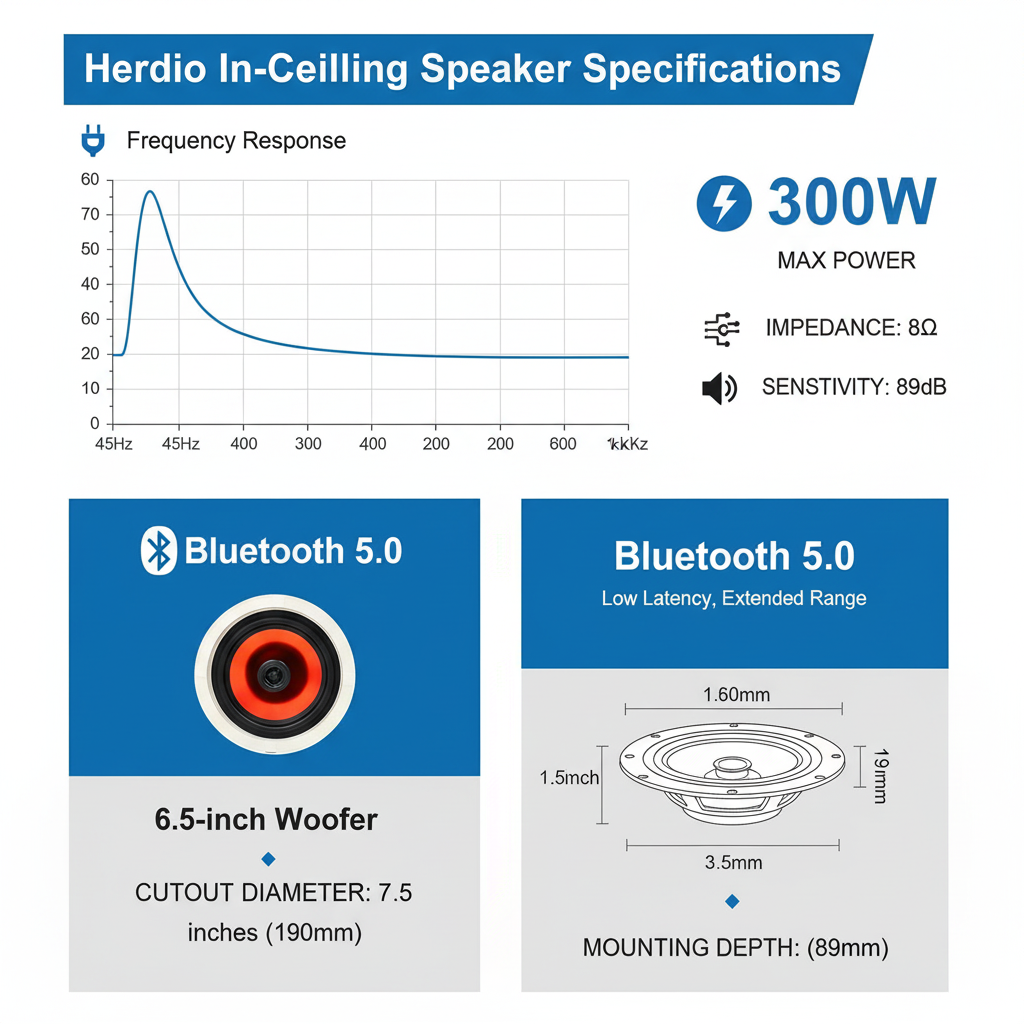  Herdio ceiling speaker technical specifications - 300W power, frequency response, impedance, and dimensions