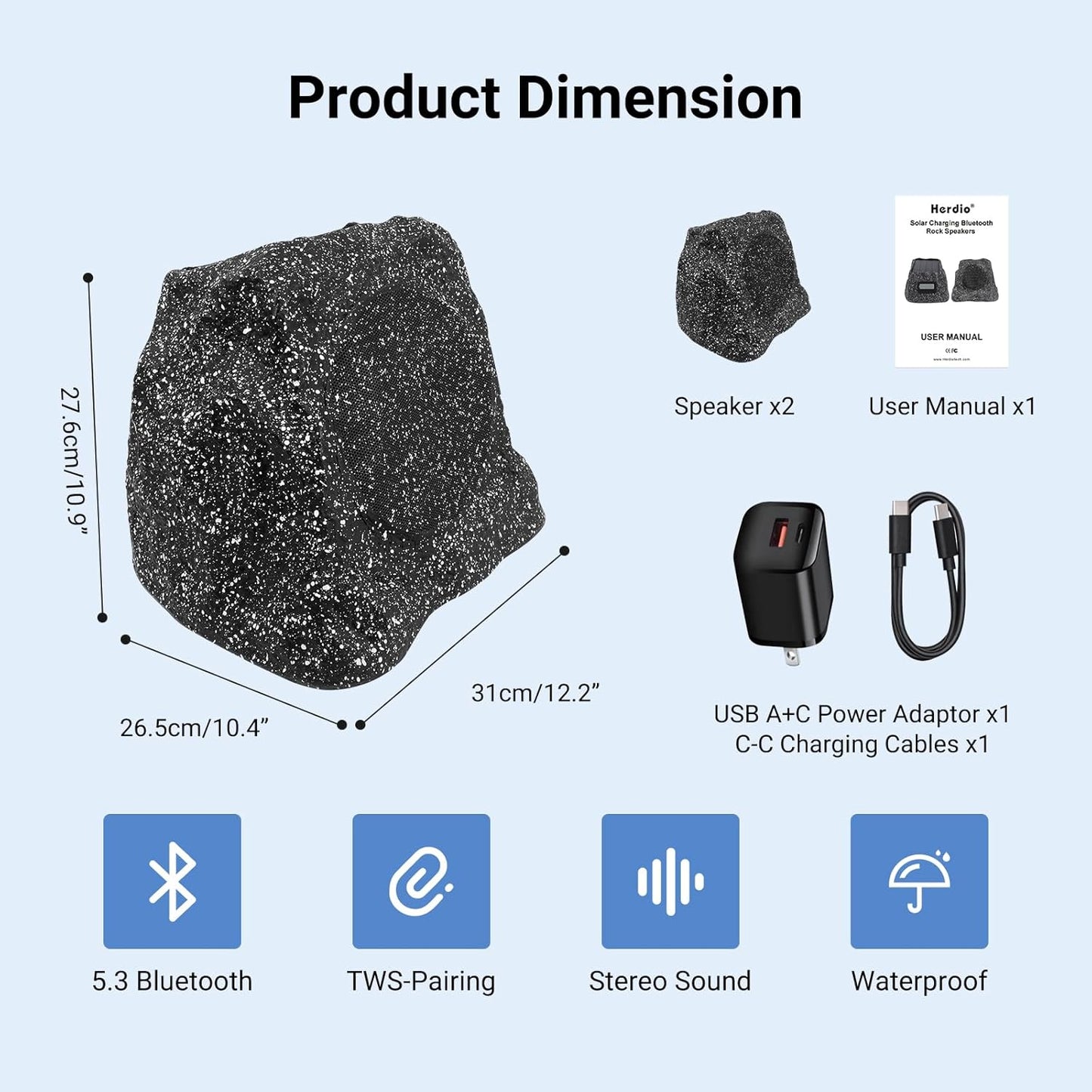 Masteronly 6.5" Solar Rock Bluetooth Speakers 200W Powered With Rechargeable Battery