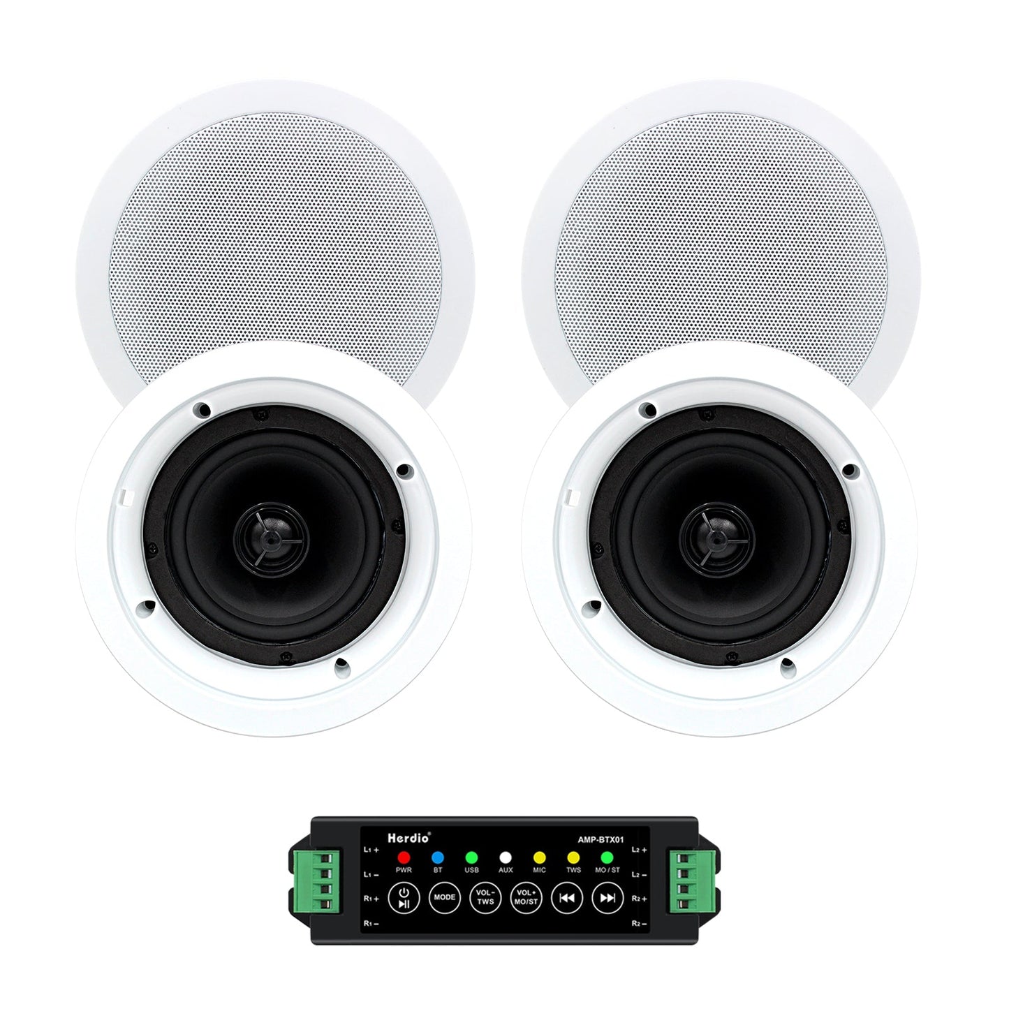 Herdio 5.25 inch Bluetooth ceiling speakers 600W wireless audio system white grille