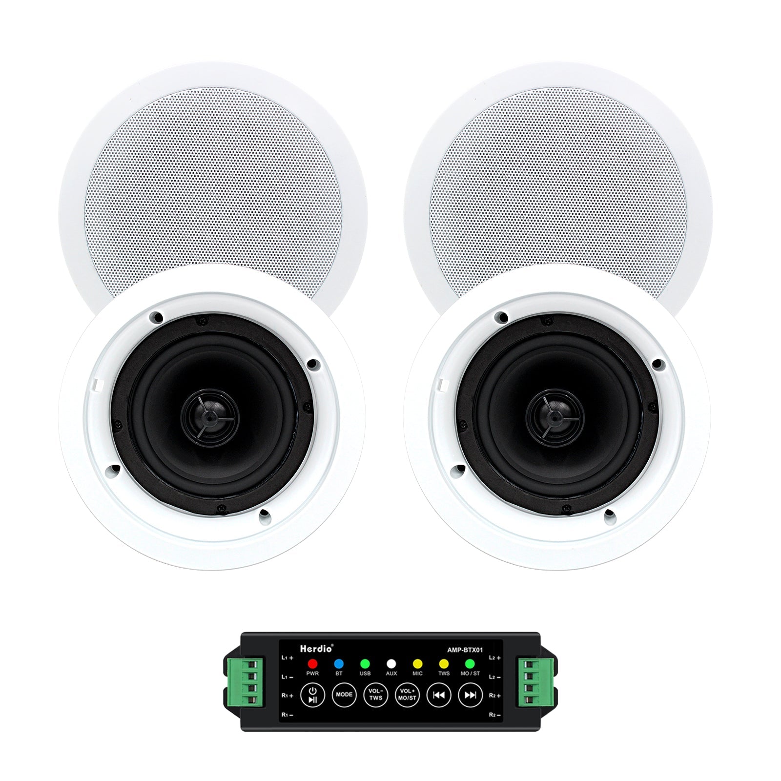 Herdio 5.25 inch Bluetooth ceiling speakers 600W wireless audio system white grille