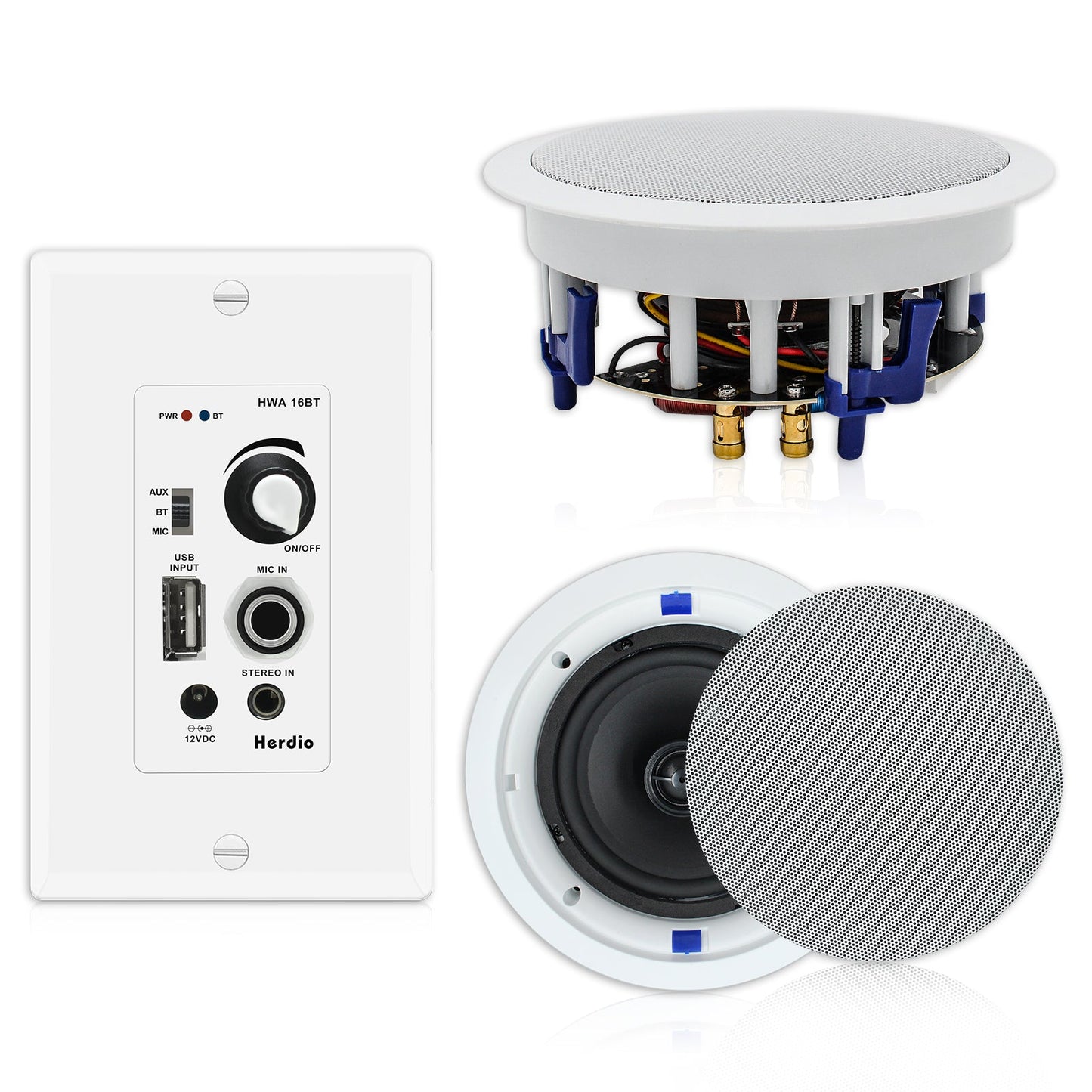 Herdio 6.5 inch Bluetooth ceiling speakers 320W with flush mount design for home theater and office