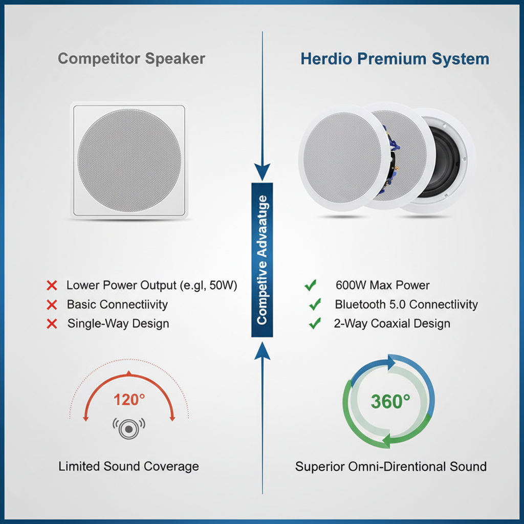 Competitive comparison chart showing Herdio ceiling speakers advantages over other brands