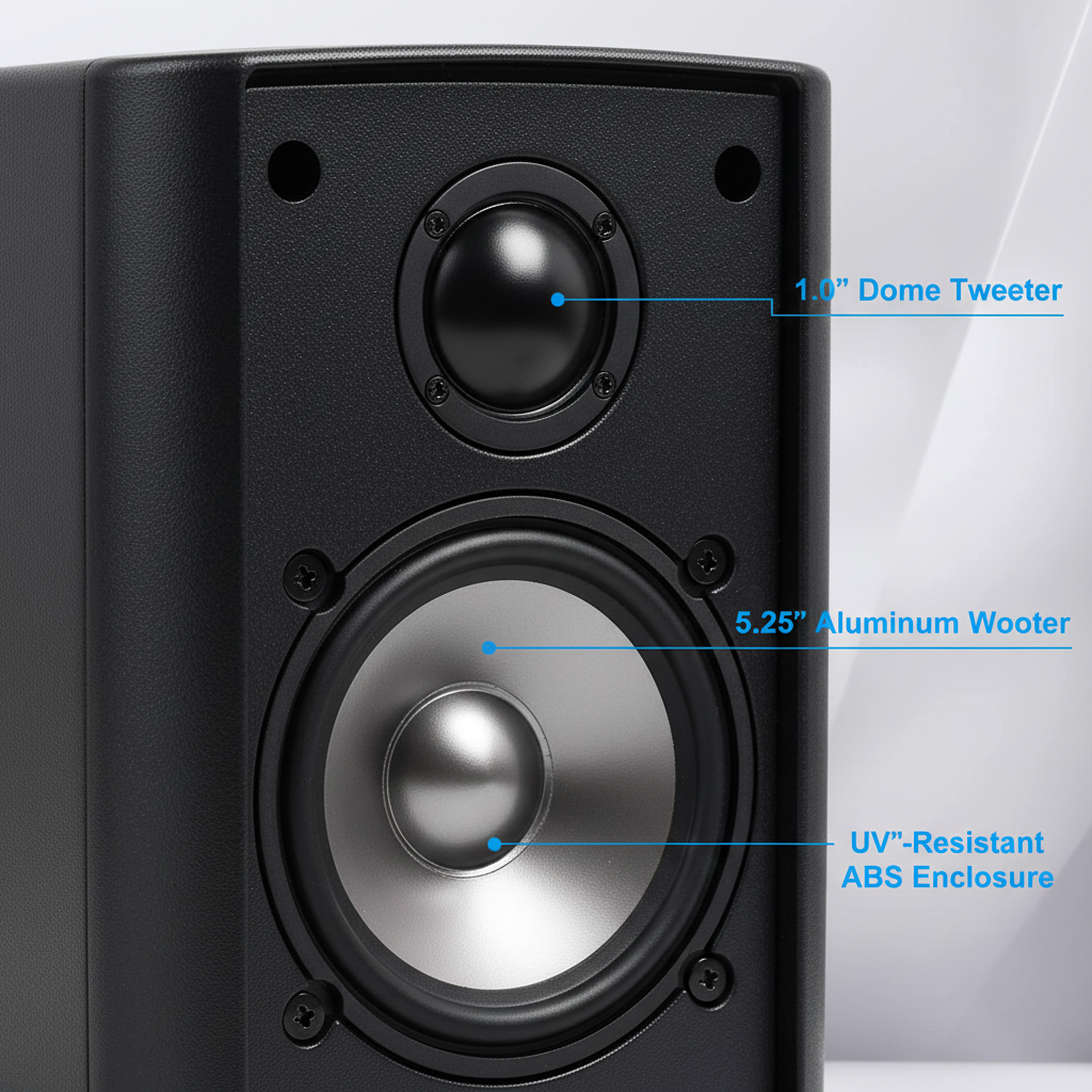 Close-up of Herdio outdoor speaker components featuring 5.25 inch aluminum woofer 1 inch dome tweeter and durable ABS weatherproof enclosure
