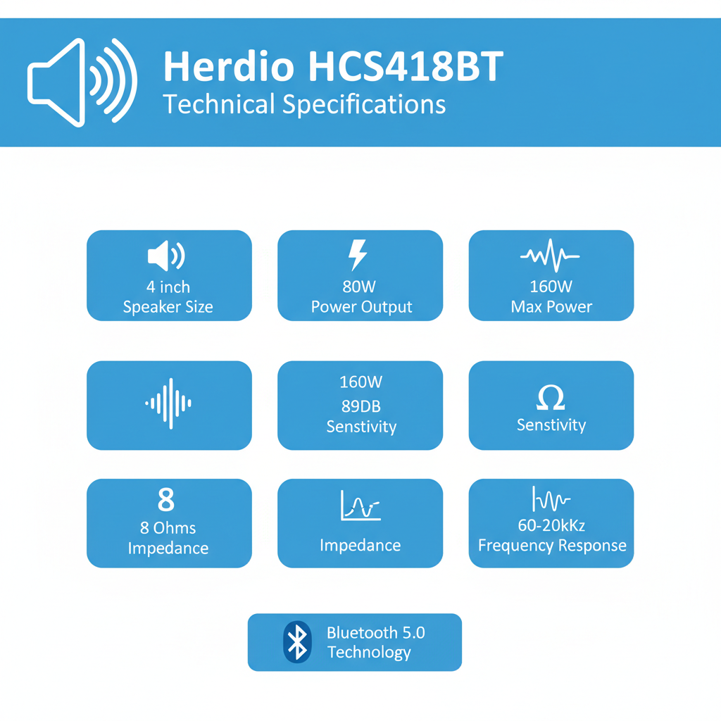 Technical specifications chart for Herdio 4 inch 160W Bluetooth ceiling speakers with detailed parameters