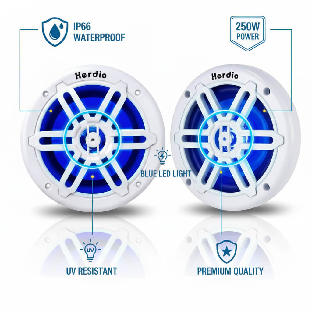 Masteronly 5.25" Marine Speakers 250W - IP66 Waterproof with Blue LED Lights (Pair)