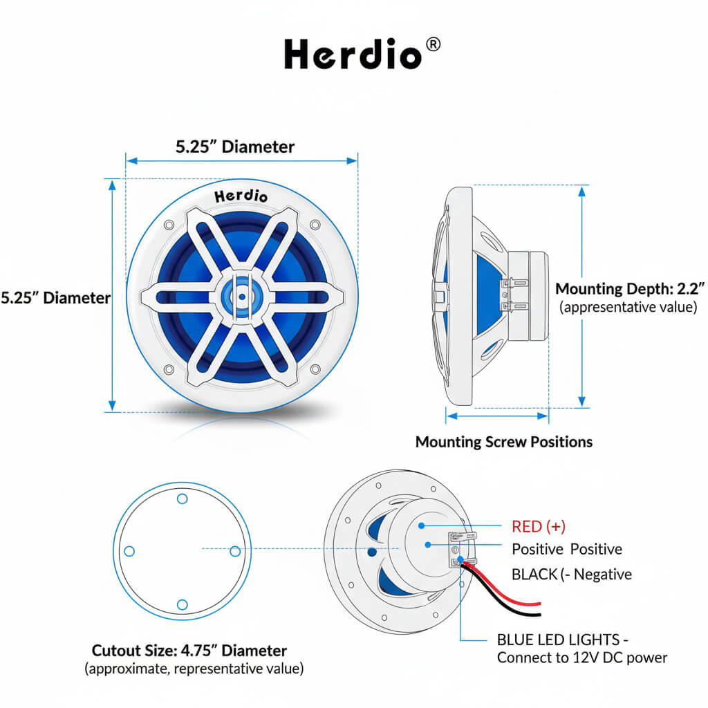 Masteronly 5.25" Marine Speakers 250W - IP66 Waterproof with Blue LED Lights (Pair)