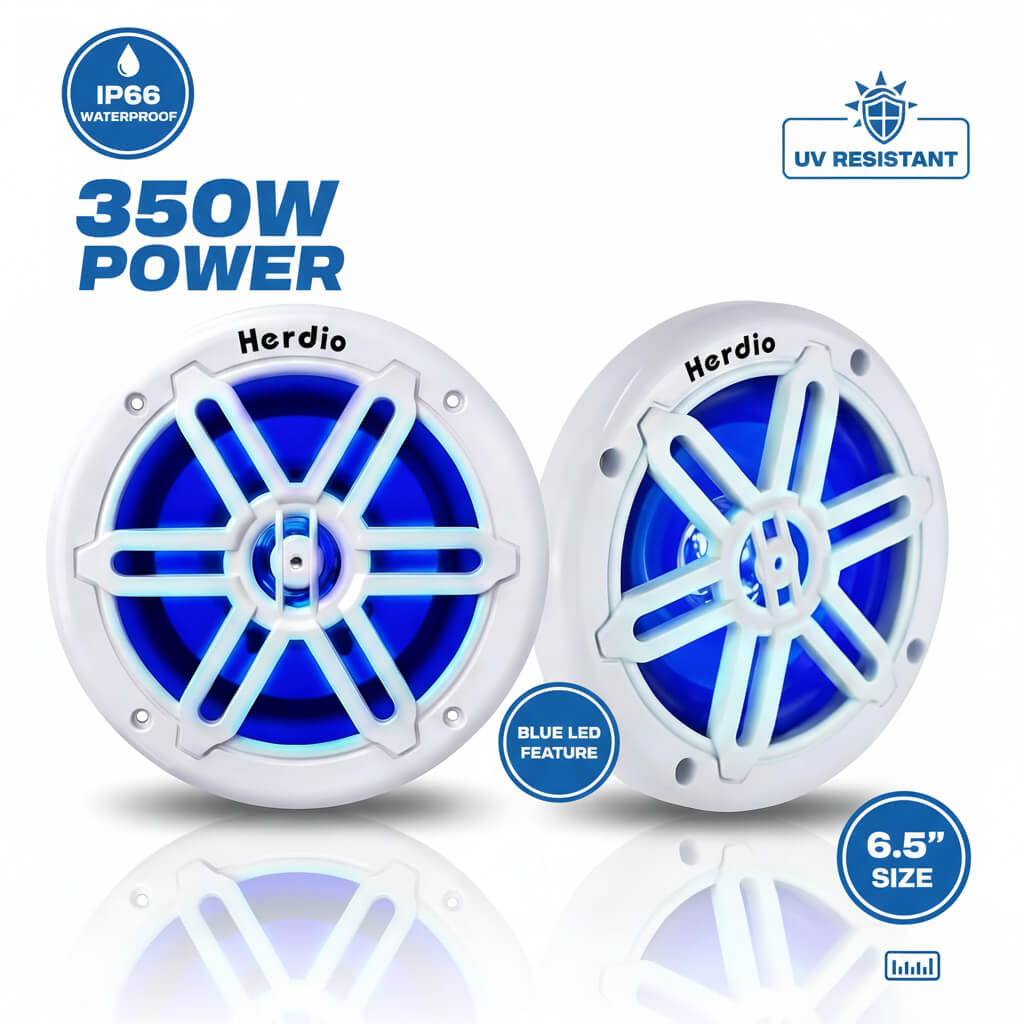 Masteronly 6.5" Marine Speakers 350W - IP66 Waterproof with Blue LED Lights (Pair)