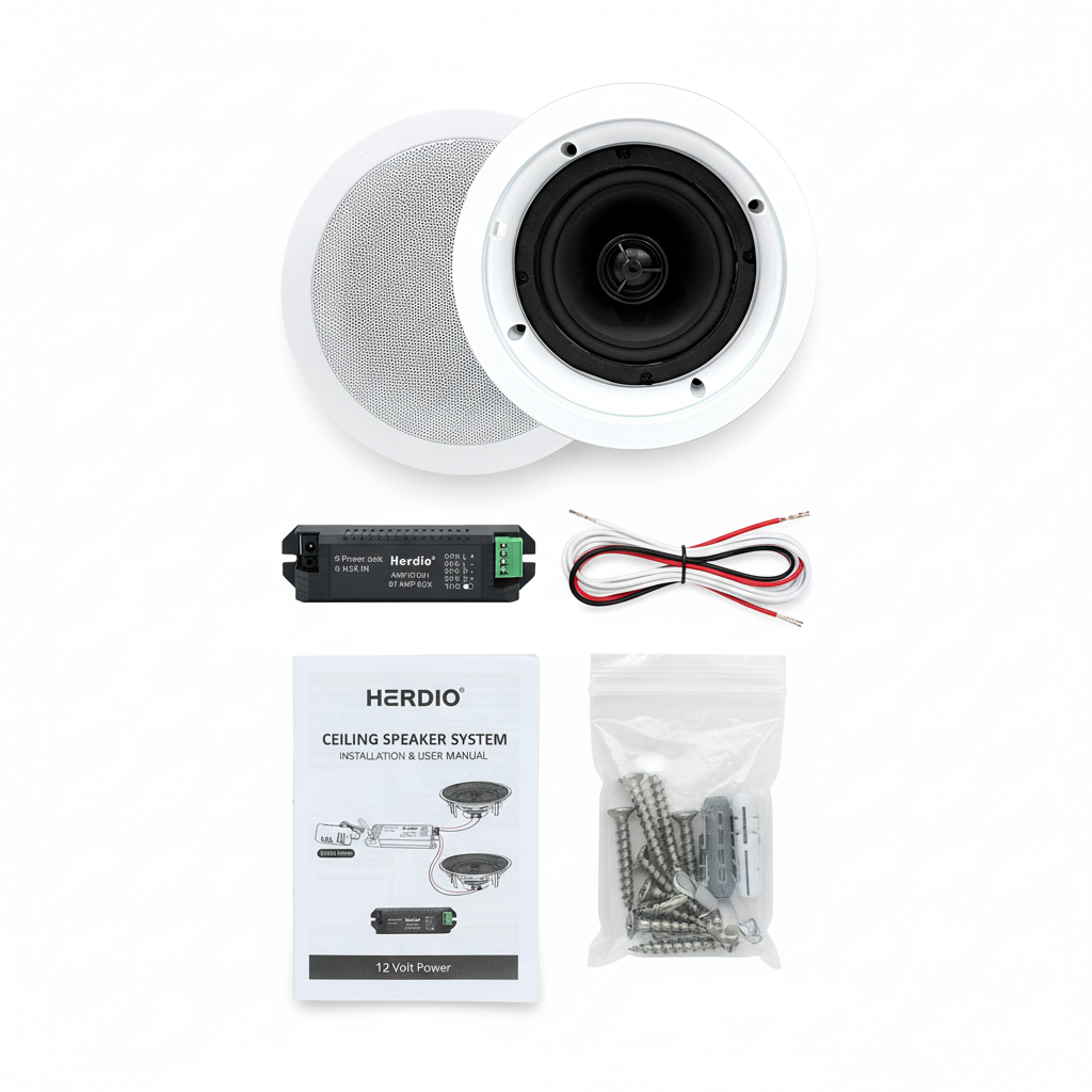 Herdio HCS528BT package contents - complete ceiling speaker kit with mounting accessories and installation hardware