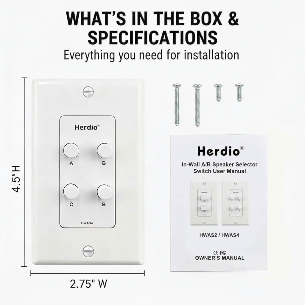 Masteronly 4-Channel In-Wall Speaker Selector Switch - 120W Multi-Room Audio Controller