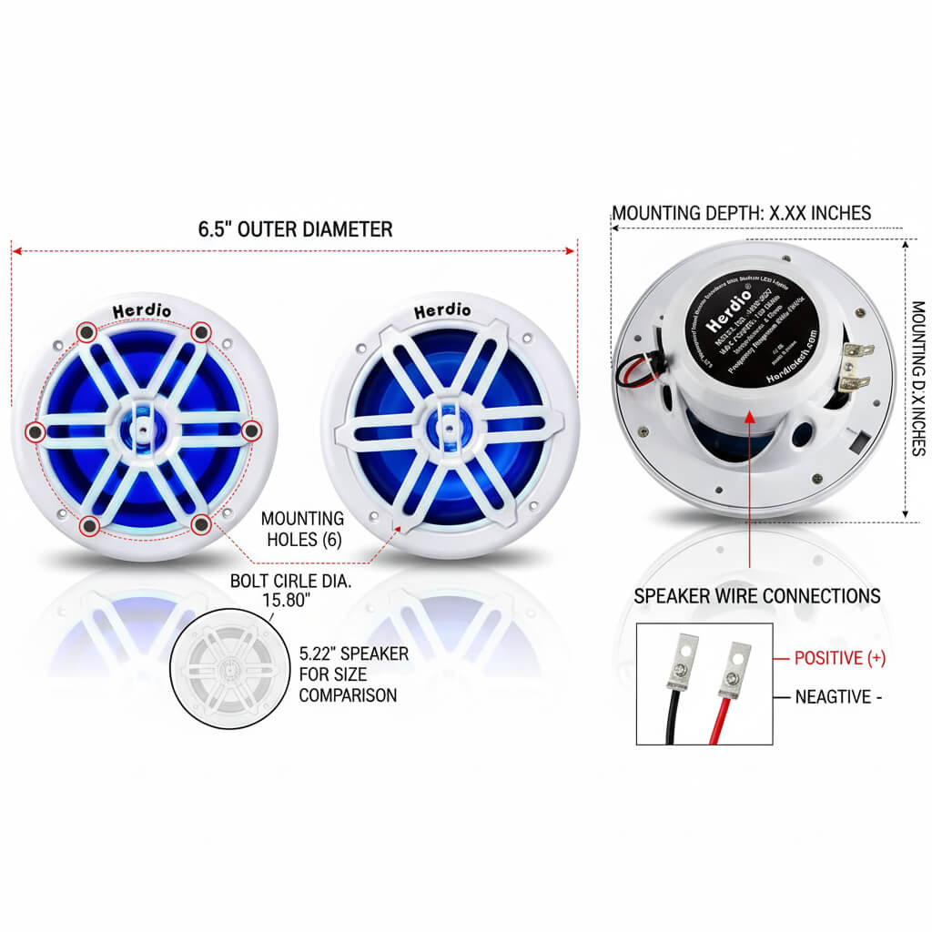 Masteronly 6.5" Marine Speakers 350W - IP66 Waterproof with Blue LED Lights (Pair)