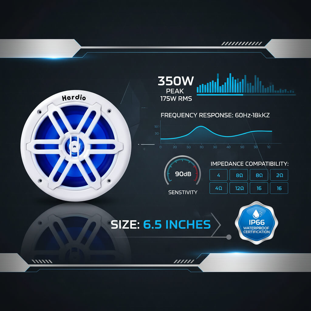 Masteronly 6.5" Marine Speakers 350W - IP66 Waterproof with Blue LED Lights (Pair)