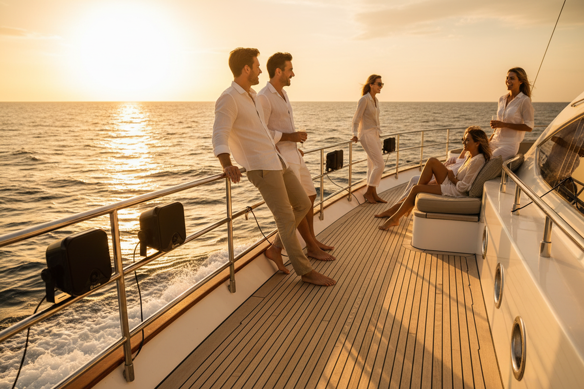 Waterproof marine speakers installed on yacht deck outdoor boating lifestyle scene
