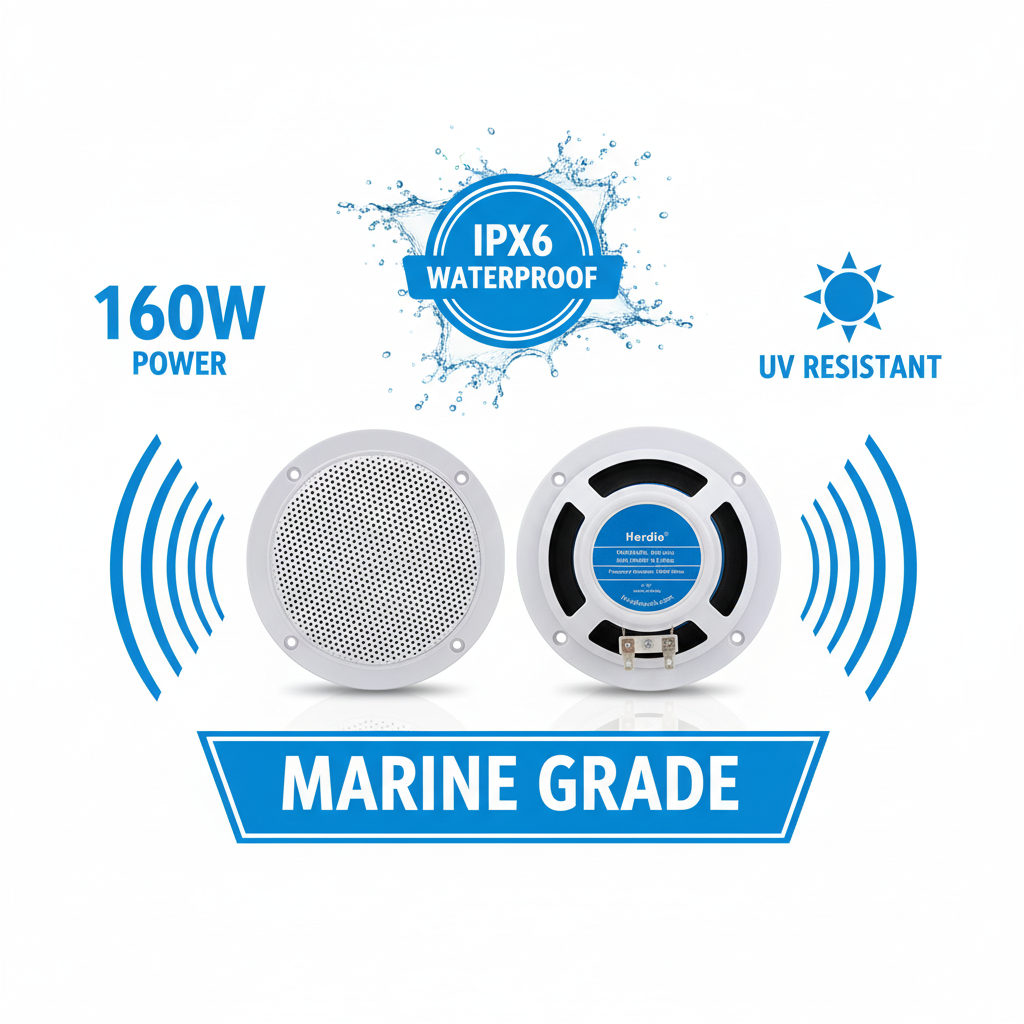 Herdio marine speakers key features - IPX6 waterproof rating and 160W power output