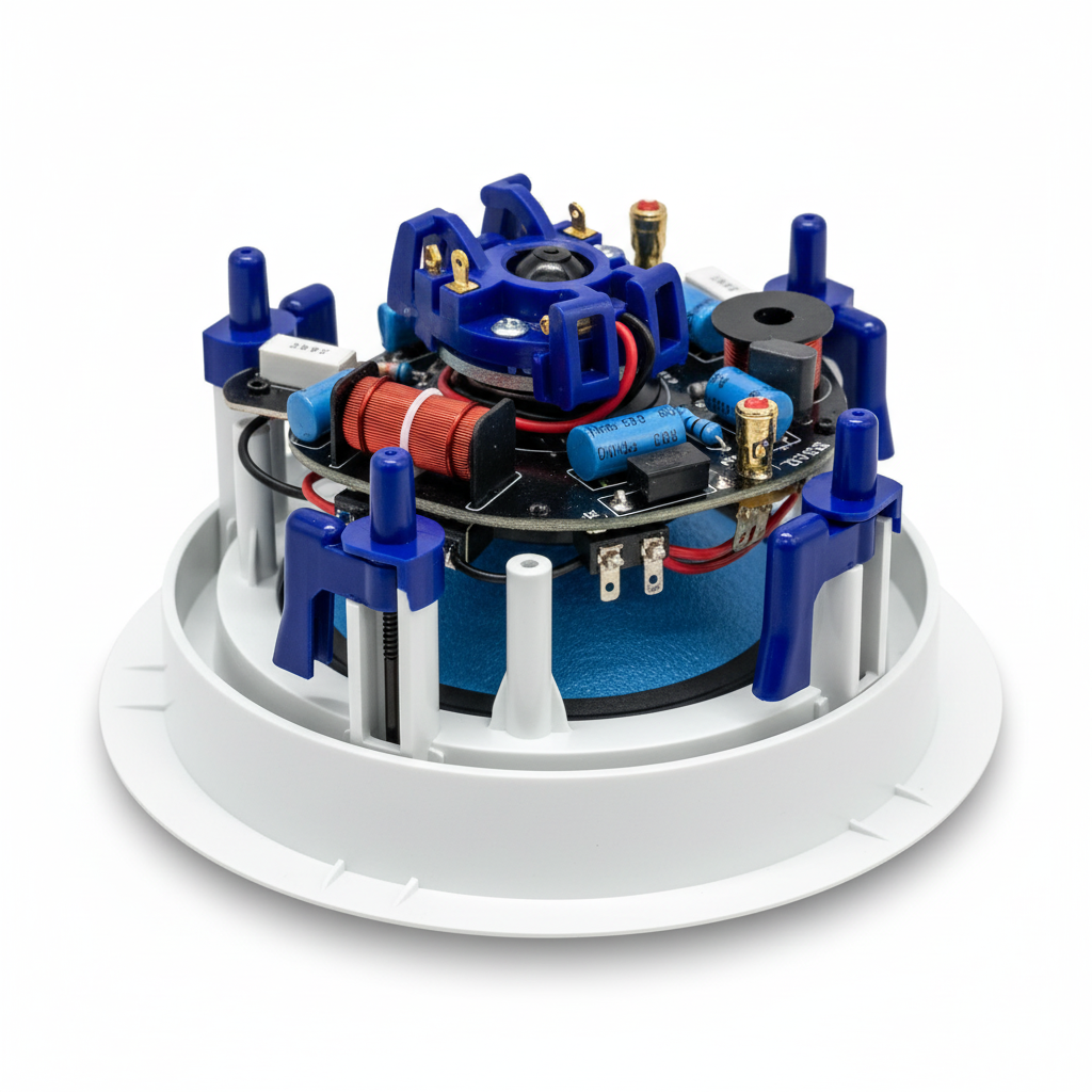 Herdio speaker driver close-up - blue woofer cone with adjustable tweeter for directional sound control