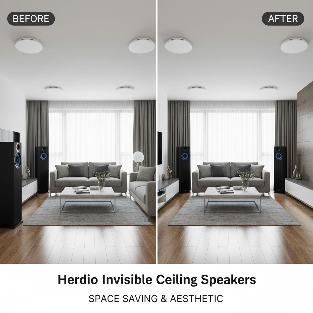Space comparison between ceiling mounted speakers versus floor standing speakers showing installation benefits