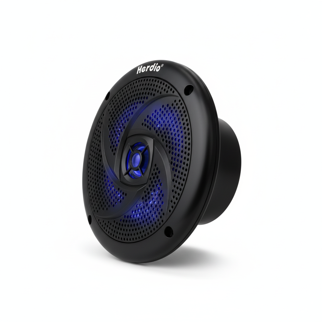 Black Herdio marine speakers 45 degree angle view showing RGB LED feature
