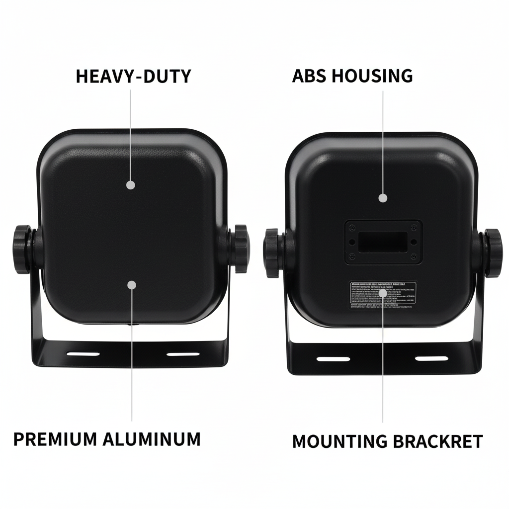 Marine speaker components ABS housing aluminum mounting bracket close-up detail
