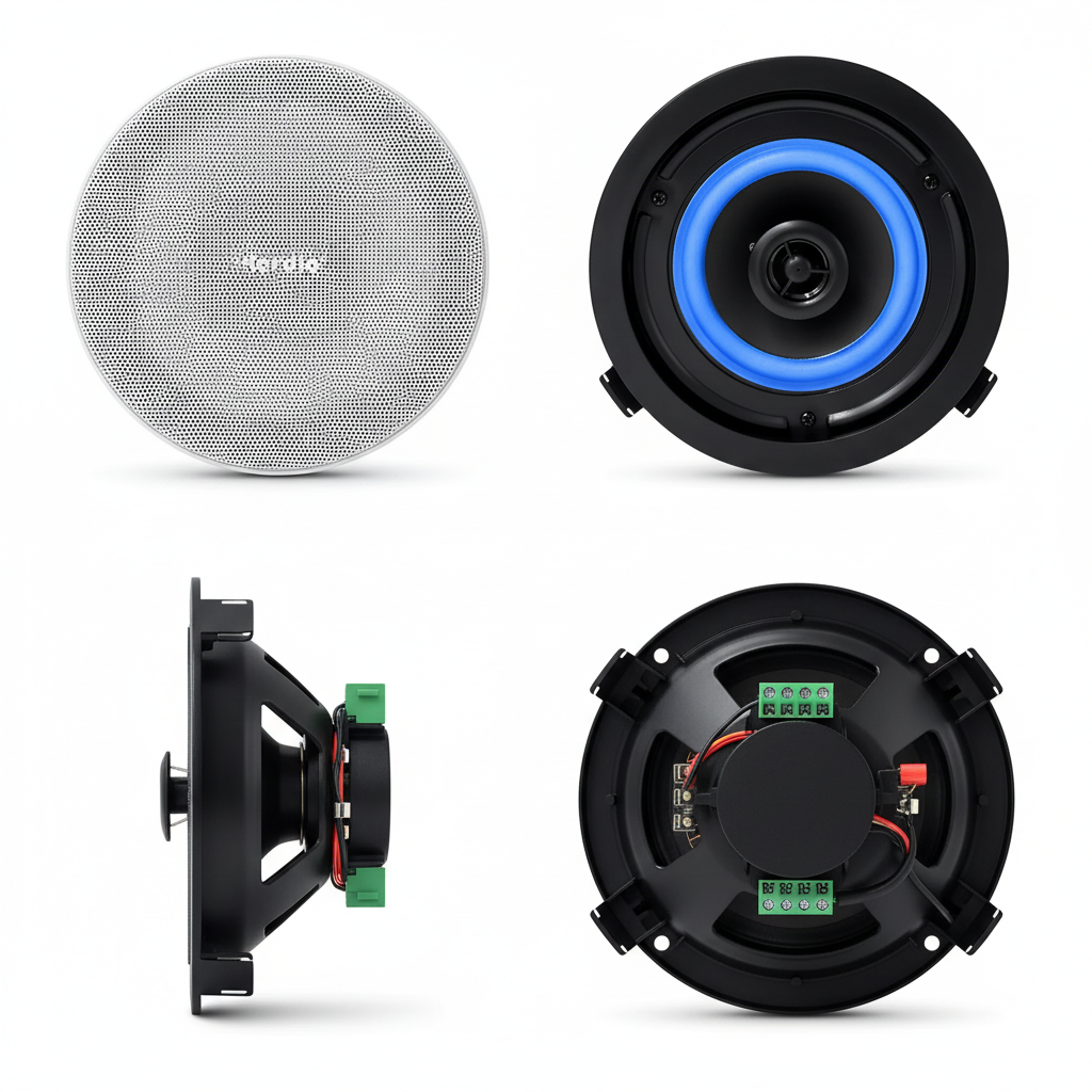 Multiple angle view of Herdio 4 inch ceiling speakers showing design details and mounting options