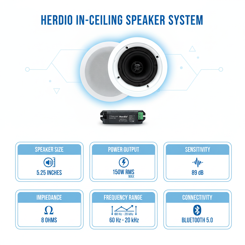  Herdio ceiling speaker technical specifications - power rating, frequency response, impedance and Bluetooth specs chart
